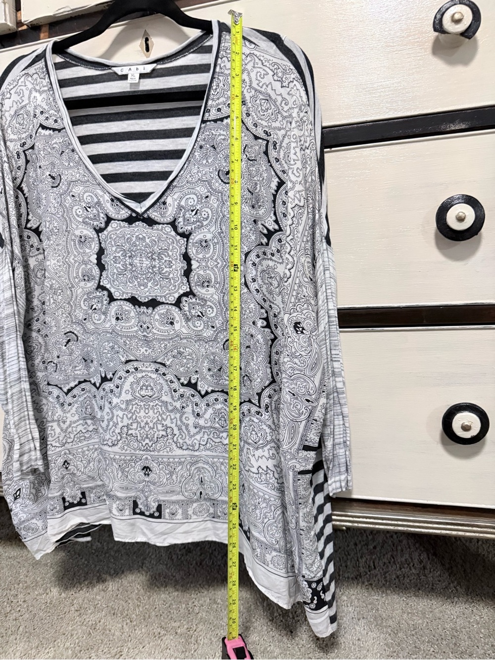CAbi Black & White Paisley V-Neck Long Sleeve Silk Top